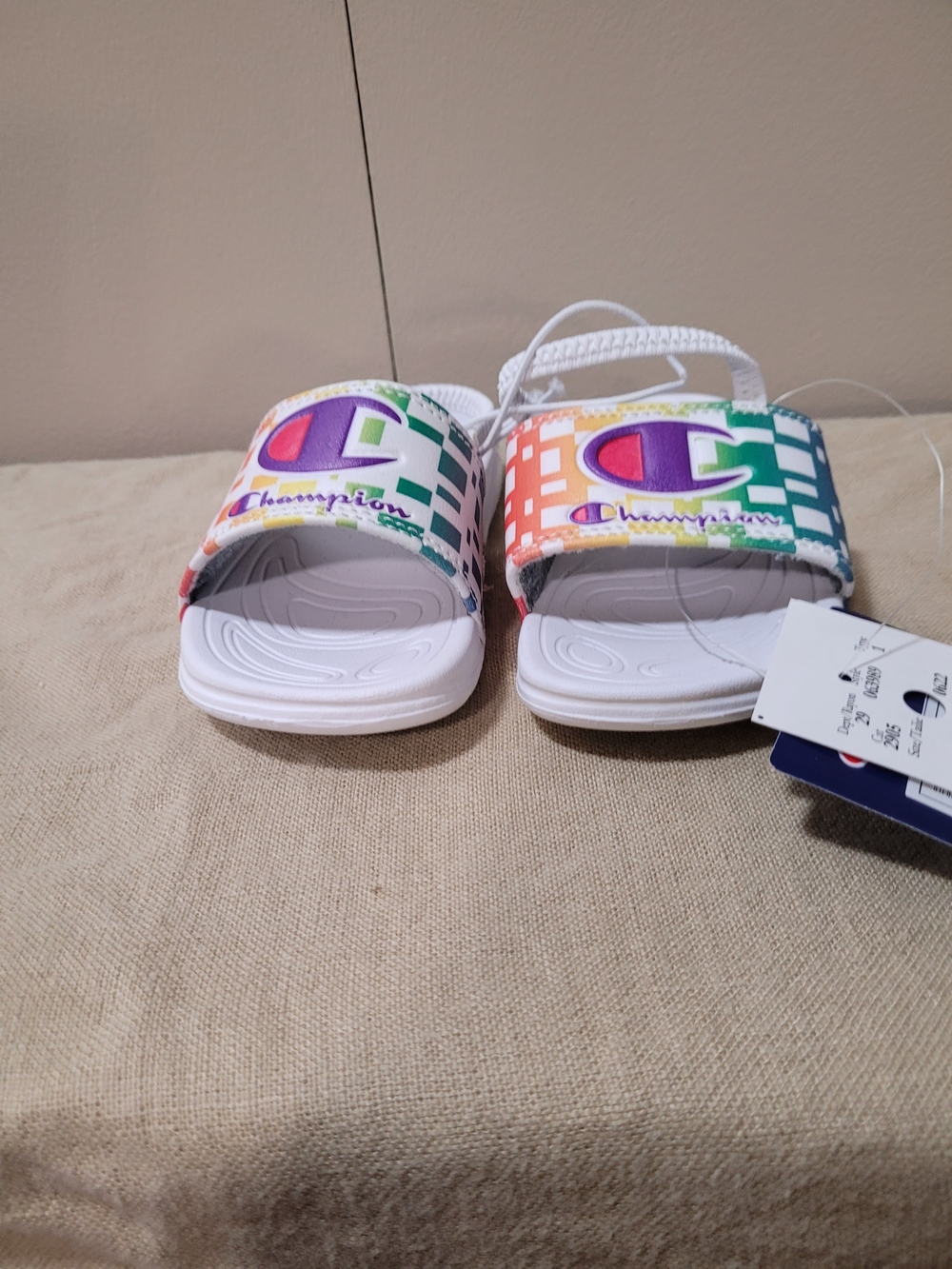 Champion Kids White Slides with Rainbow Logo Strap